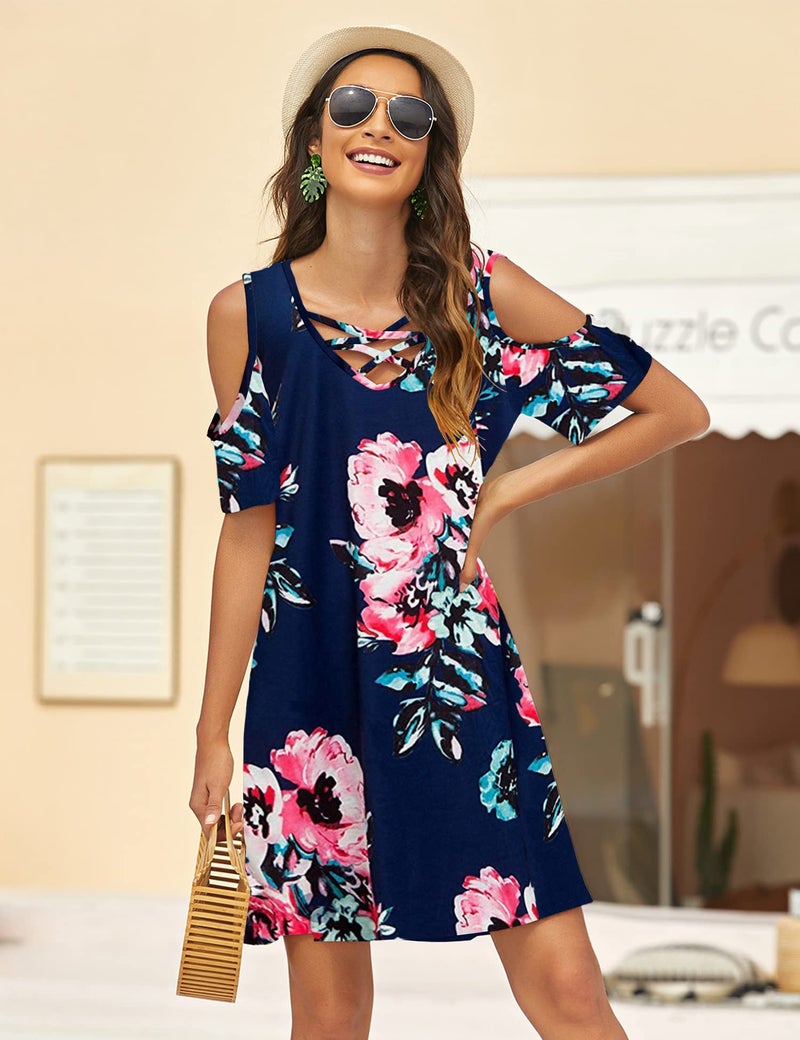 Bluetime Women Cold Shoulder Summer Dress Short Sleeve Beach Casual Loose Swing Dress (XXL, Floral8) - Image 2